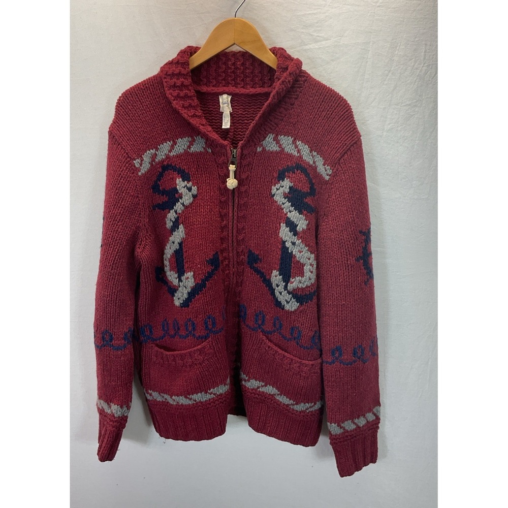 Lands End Canvas 1963 Lambswool Nautical Anchor Cable Knit Zip Front Cardigan L